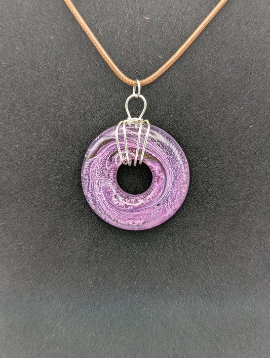 Wire Wrapped Donut Resin Pendant Necklace - Petri Effect with shades of purple & pink. Resin Necklace on a waxed cotton cord.
