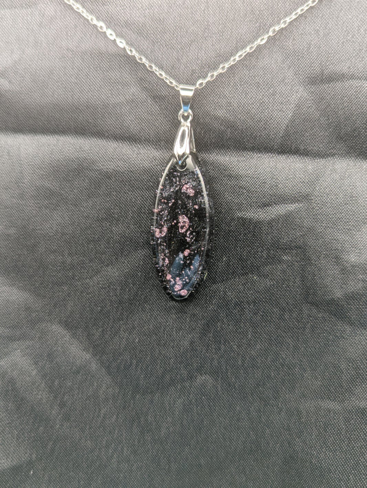 Black & Purple Swirl Ellipse Pendant on a silver pinch bail & stainless steel chain.