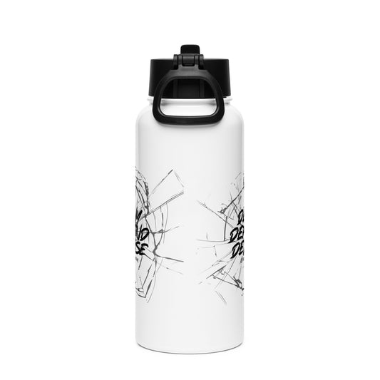 A white colored 32 ounce stainless steel insulated water bottle with a black colored cap that has a foldable straw & carrying handle. graphic printed on it features a shattered glass effect with the words "deny defend depose" on it
