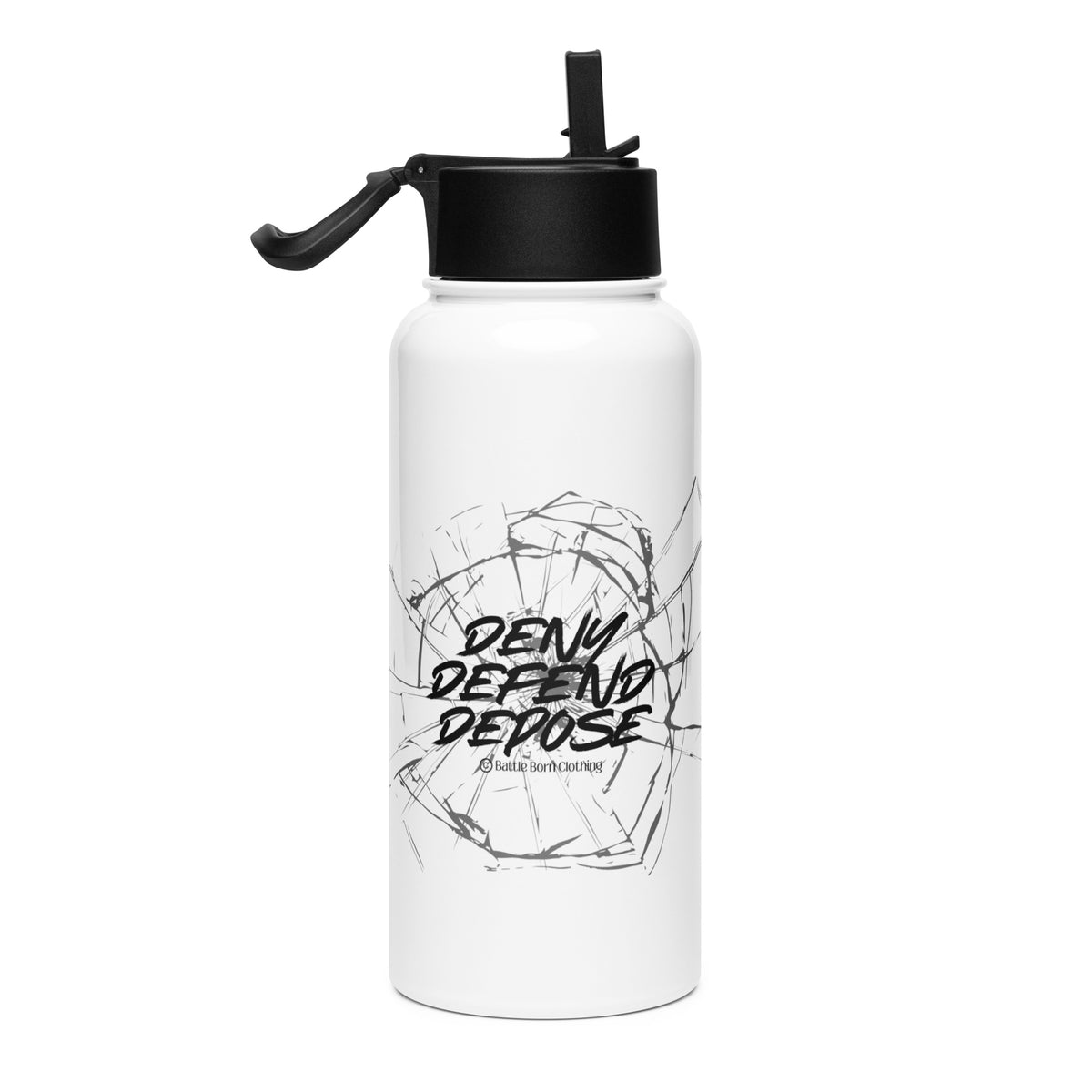 A white colored 32 ounce stainless steel insulated water bottle with a black colored cap that has a foldable straw & carrying handle. graphic printed on it features a shattered glass effect with the words "deny defend depose" on it