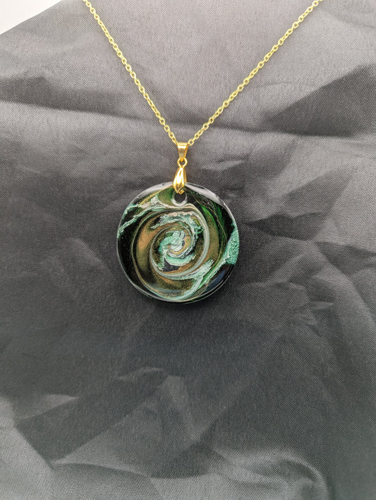 Green & Gold Swirl Circle Pendant on a gold pinch bail & gold plated stainless steel chain. Resin Circle Jewelry Pendant with Petri Effect.
