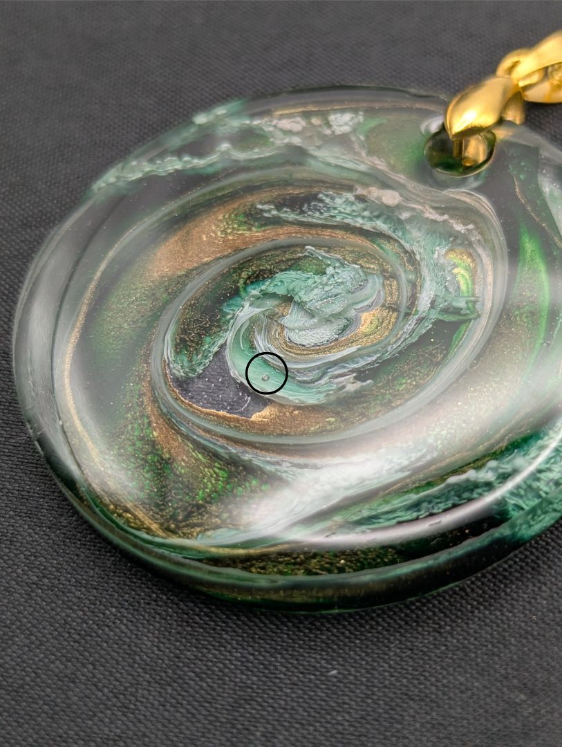 Green & Gold Swirl Circle Pendant on a gold pinch bail & gold plated stainless steel chain. Resin Circle Jewelry Pendant with Petri Effect.