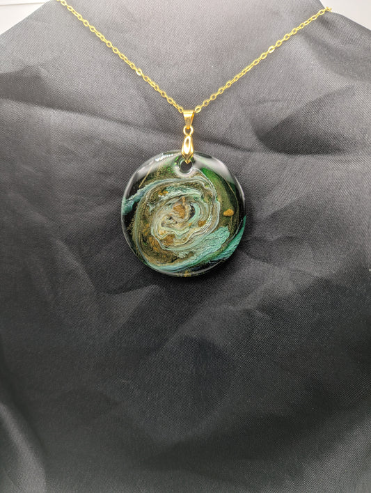 Green & Gold Swirl Circle Pendant on a gold pinch bail & gold plated metal chain. Resin Circle Jewelry Pendant with Petri Effect.
