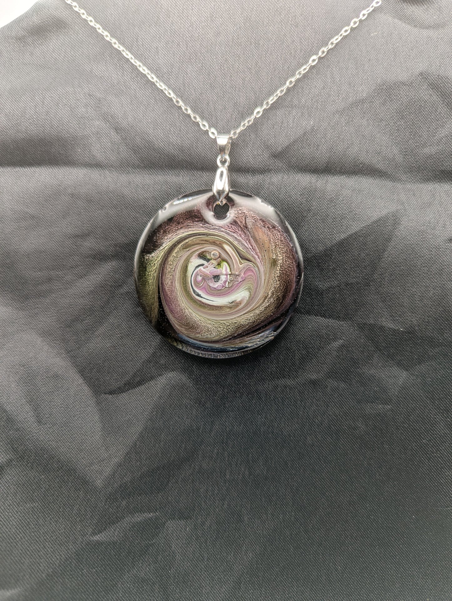 Purple & Yellow Swirl Circle Pendant on a silver pinch bail & stainless steel chain. Resin Circle Jewelry Pendant with Petri Effect.
