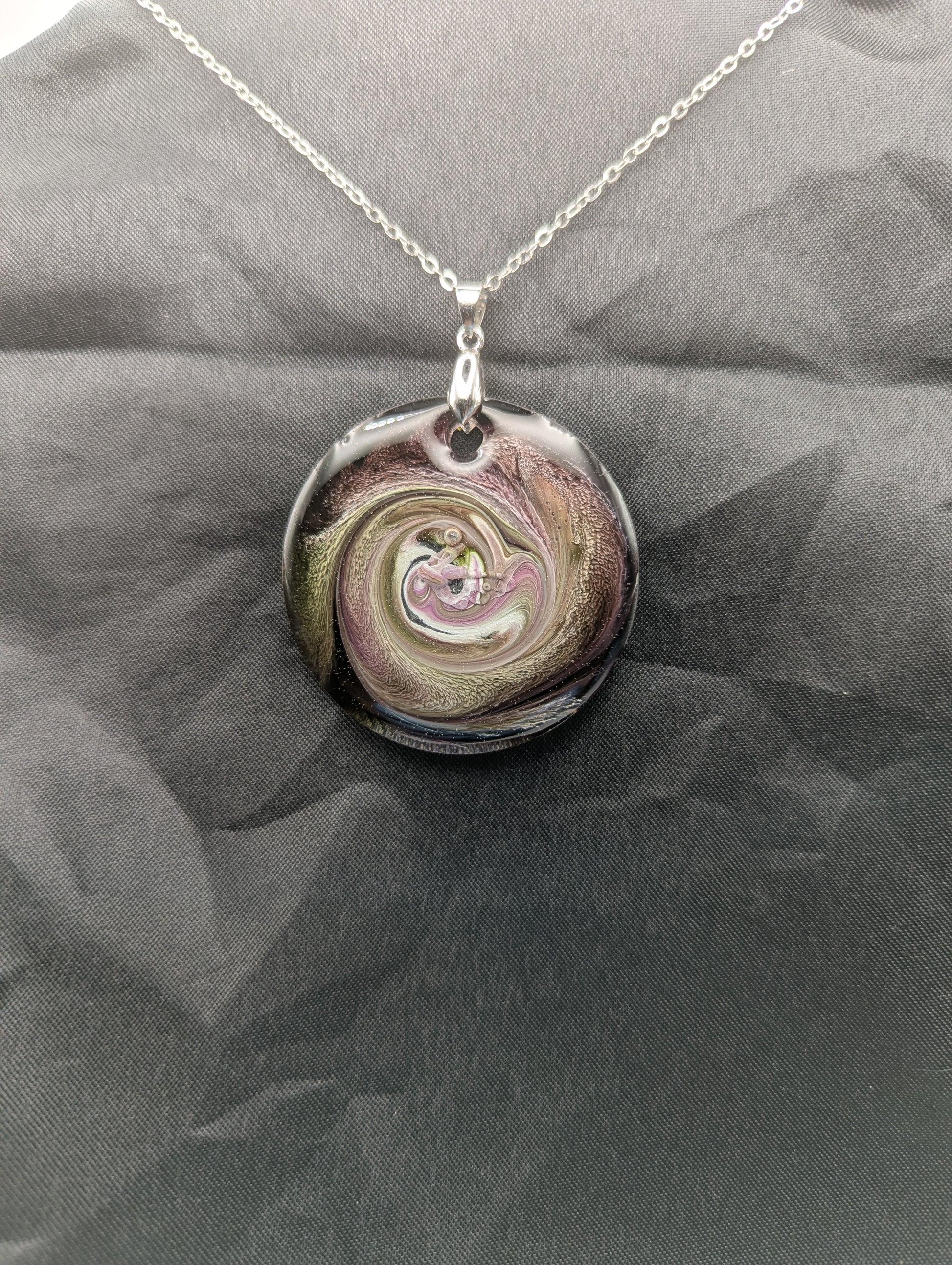 Purple & Yellow Swirl Circle Pendant on a silver pinch bail & stainless steel chain. Resin Circle Jewelry Pendant with Petri Effect.