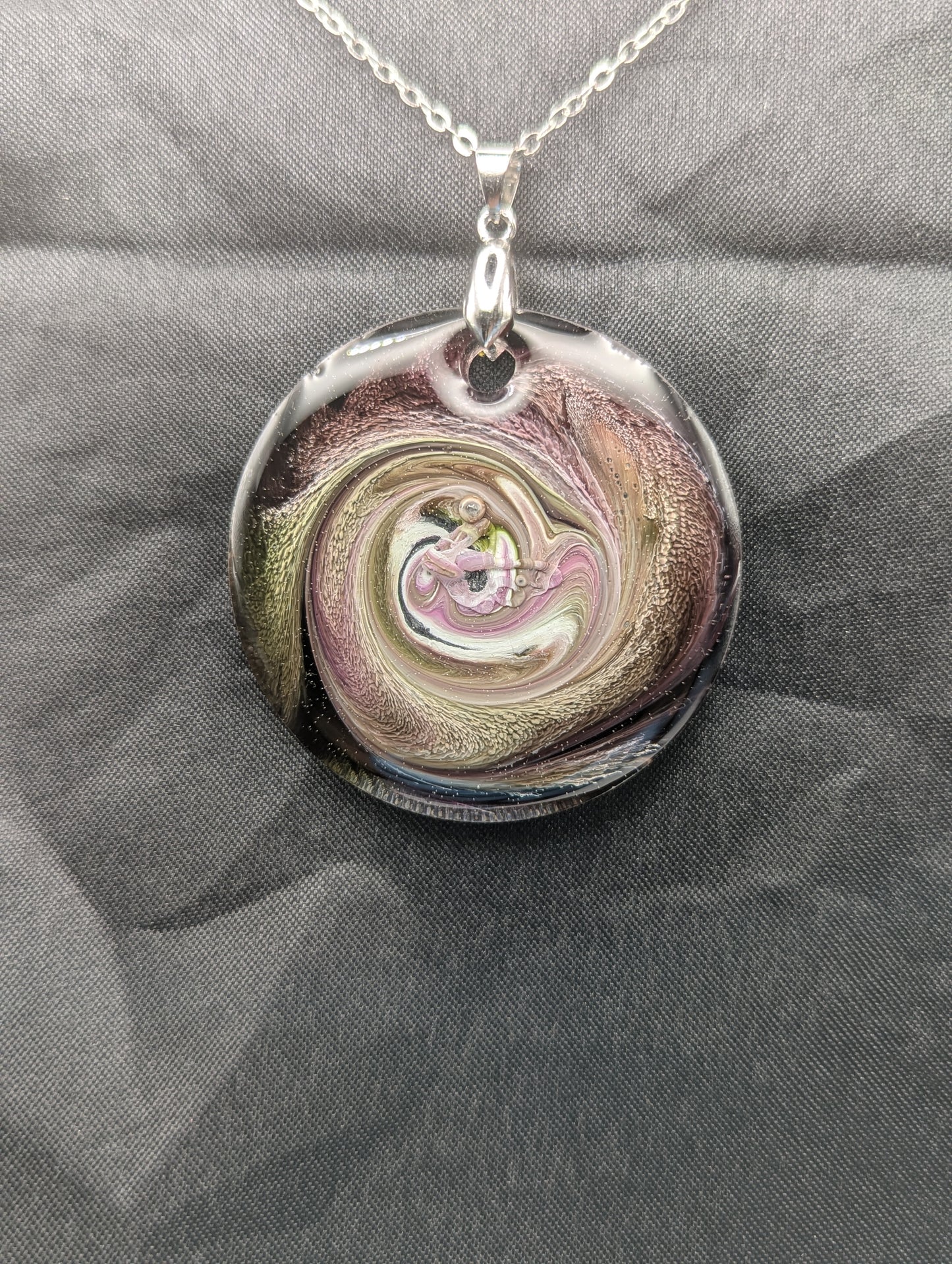 Purple & Yellow Swirl Circle Pendant on a silver pinch bail & stainless steel chain. Resin Circle Jewelry Pendant with Petri Effect.