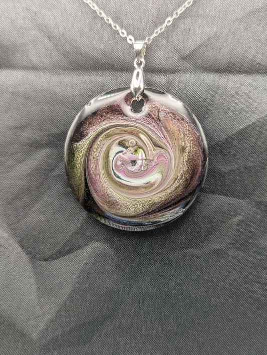 Purple & Yellow Swirl Circle Pendant on a silver pinch bail & stainless steel chain. Resin Circle Jewelry Pendant with Petri Effect.