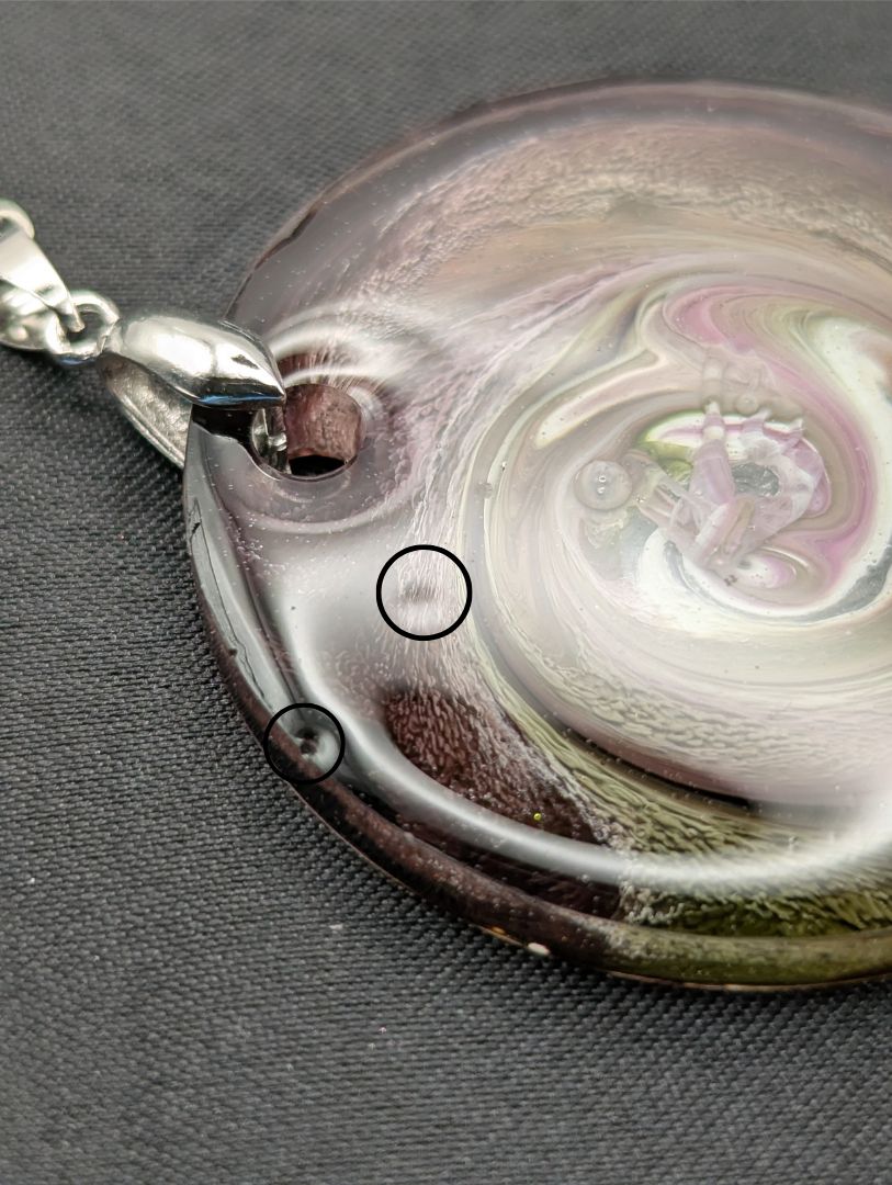 Purple & Yellow Swirl Circle Pendant on a silver pinch bail & stainless steel chain. Resin Circle Jewelry Pendant with Petri Effect.