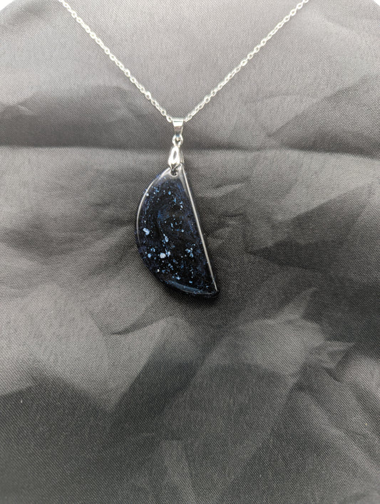 Black & Ghost Violet Swirl Half-Circle Pendant on a silver pinch bail & stainless steel chain