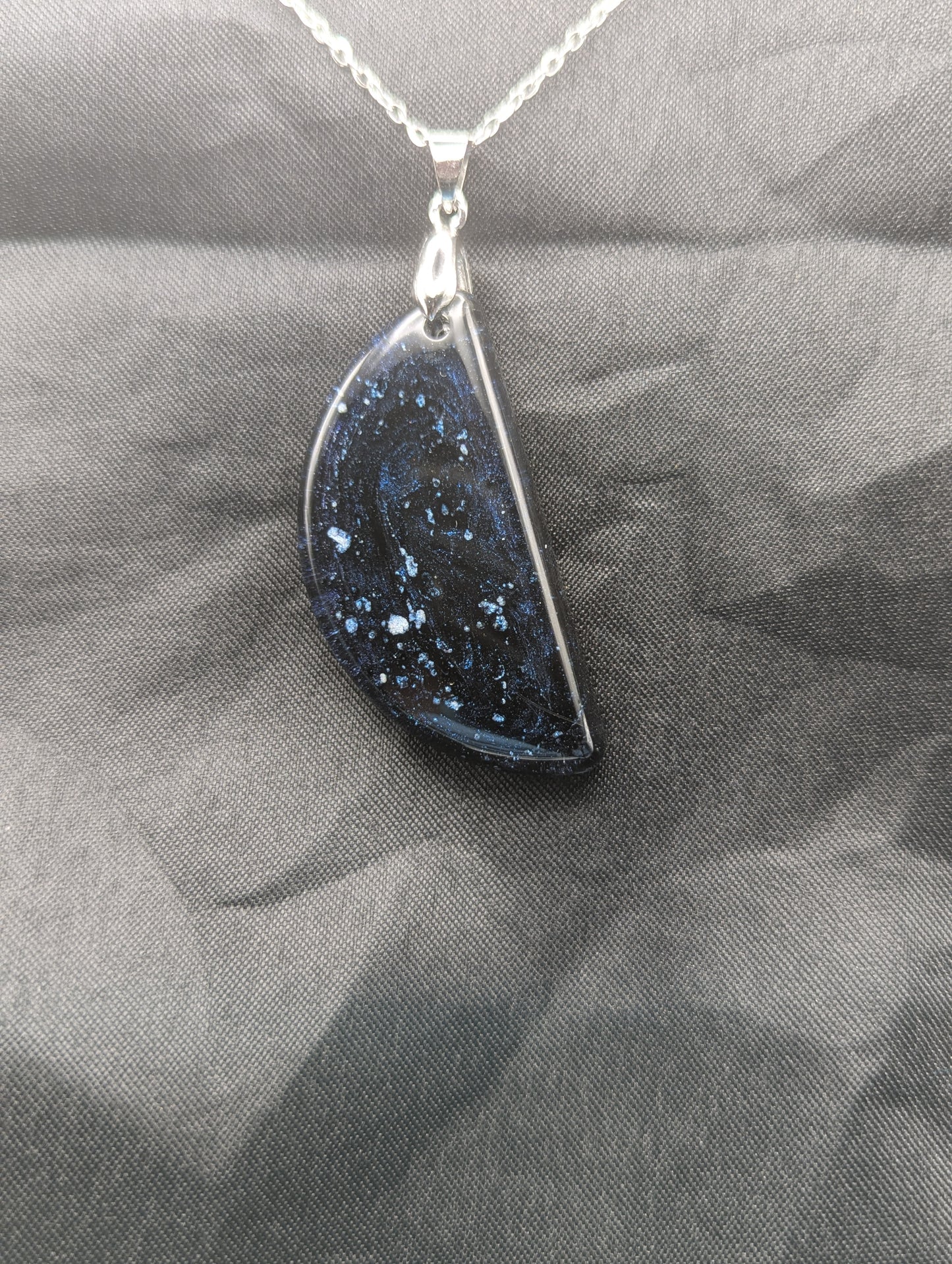 Black & Ghost Violet Swirl Half-Circle Pendant on a silver pinch bail & stainless steel chain