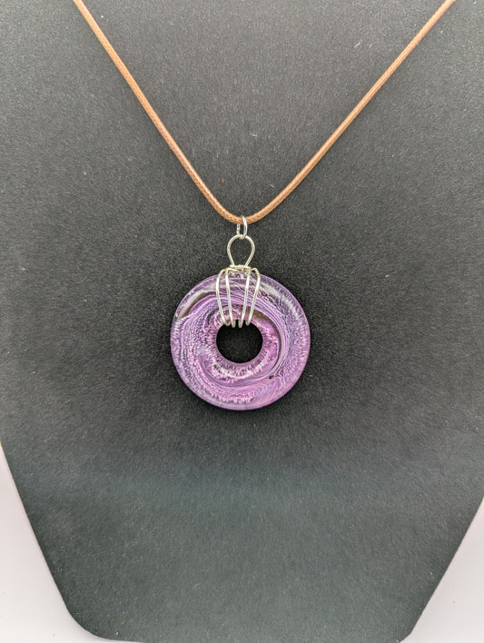 Wire Wrapped Donut Resin Pendant Necklace - Petri Effect with shades of purple & pink. Resin Necklace on a waxed cotton cord.