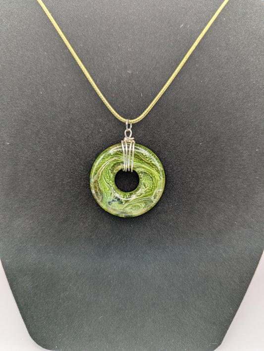 Wire Wrapped Donut Resin Pendant Necklace - Petri Effect with shades of green. Resin Necklace on a waxed cotton cord.