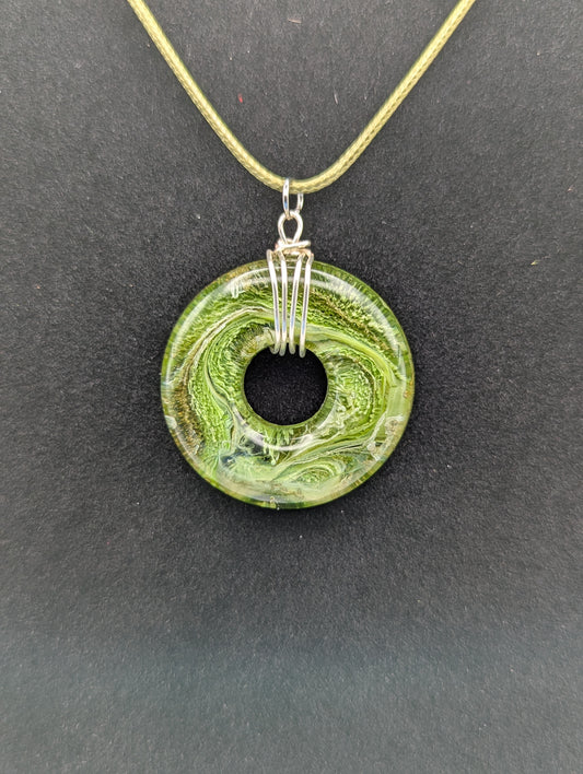 Wire Wrapped Donut Resin Pendant Necklace - Petri Effect with shades of green. Resin Necklace on a waxed cotton cord.