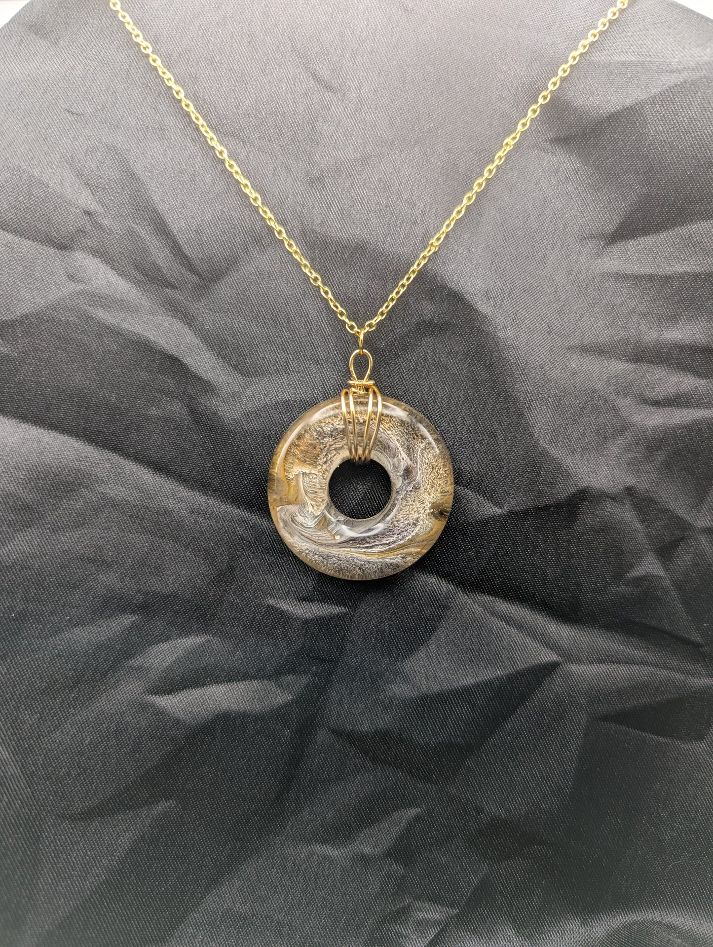 Wire Wrapped Donut Resin Pendant Necklace - Petri Effect with shades of yellow & brown swirls. Resin Necklace on a waxed cotton cord.