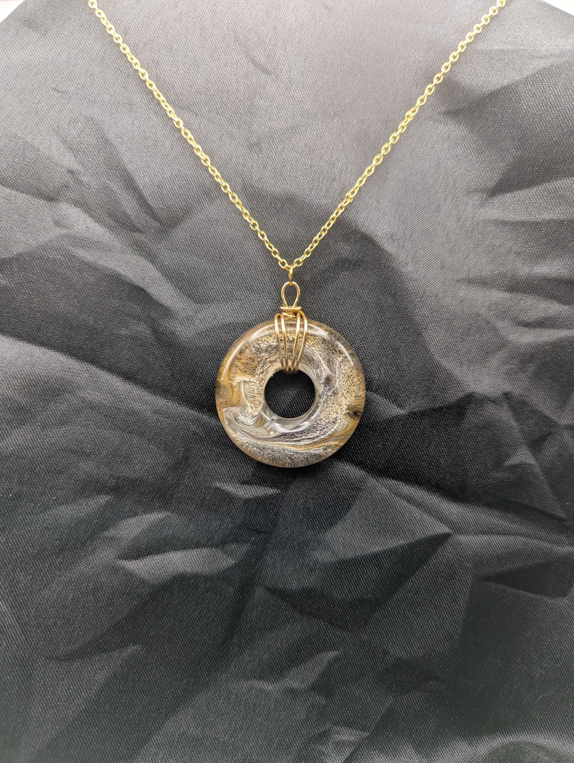 Wire Wrapped Donut Resin Pendant Necklace - Petri Effect with shades of yellow & brown swirls. Resin Necklace on a waxed cotton cord.