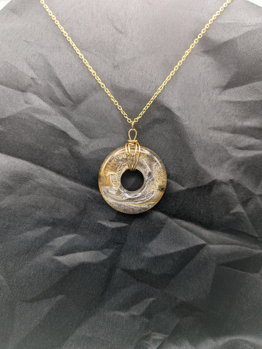 Wire Wrapped Donut Resin Pendant Necklace - Petri Effect with shades of yellow & brown swirls. Resin Necklace on a waxed cotton cord.