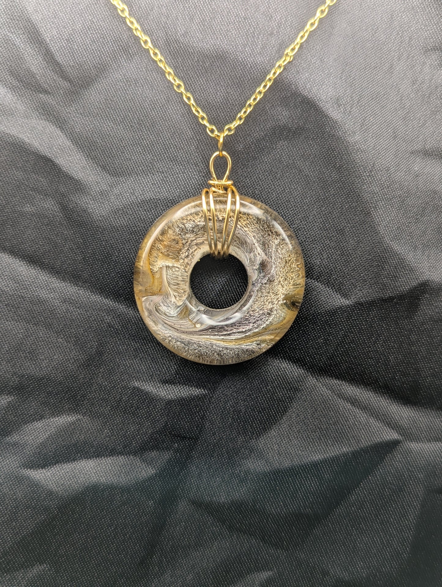Wire Wrapped Donut Resin Pendant Necklace - Petri Effect with shades of yellow & brown swirls. Resin Necklace on a waxed cotton cord.
