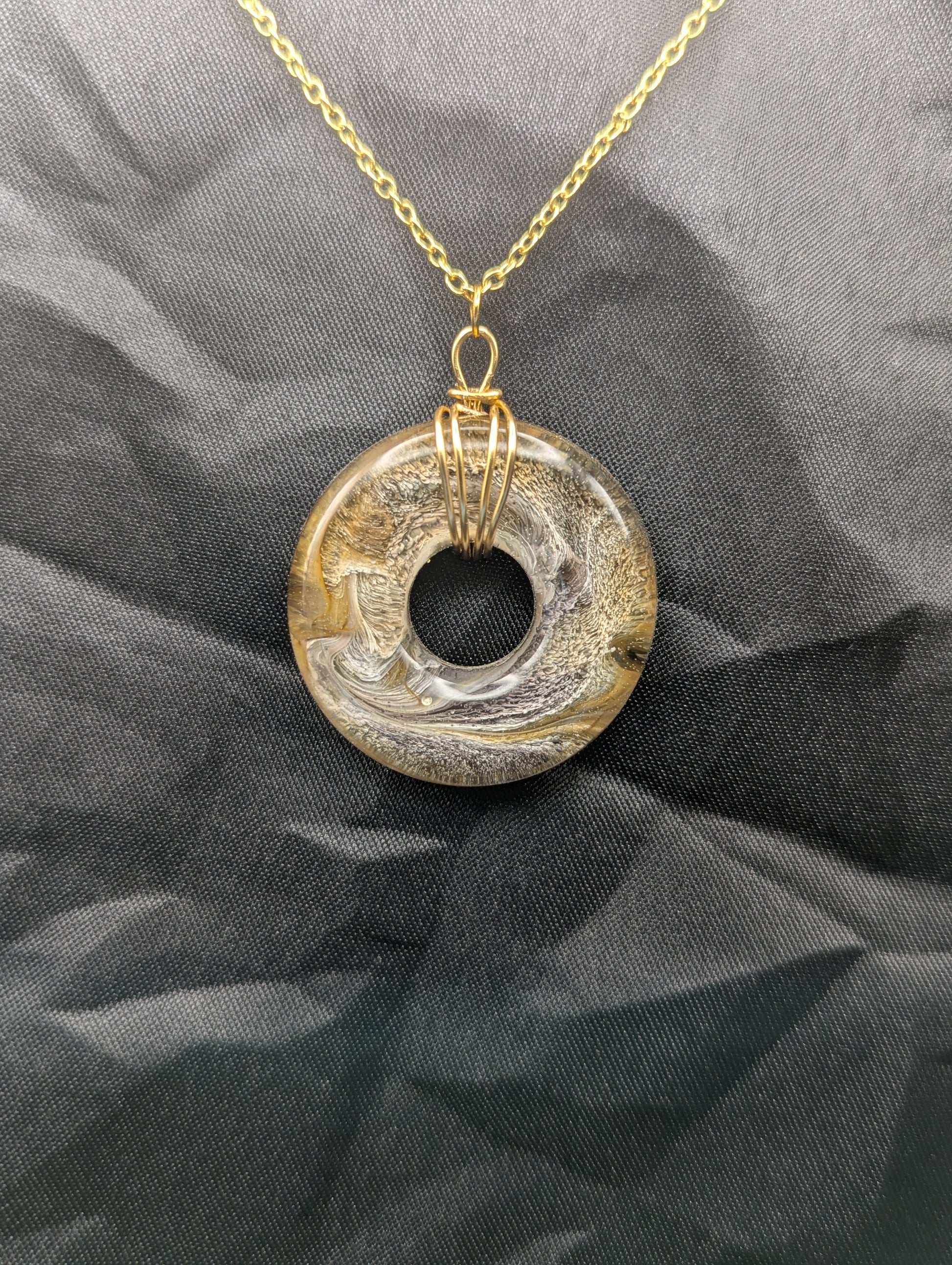 Wire Wrapped Donut Resin Pendant Necklace - Petri Effect with shades of yellow & brown swirls. Resin Necklace on a waxed cotton cord.