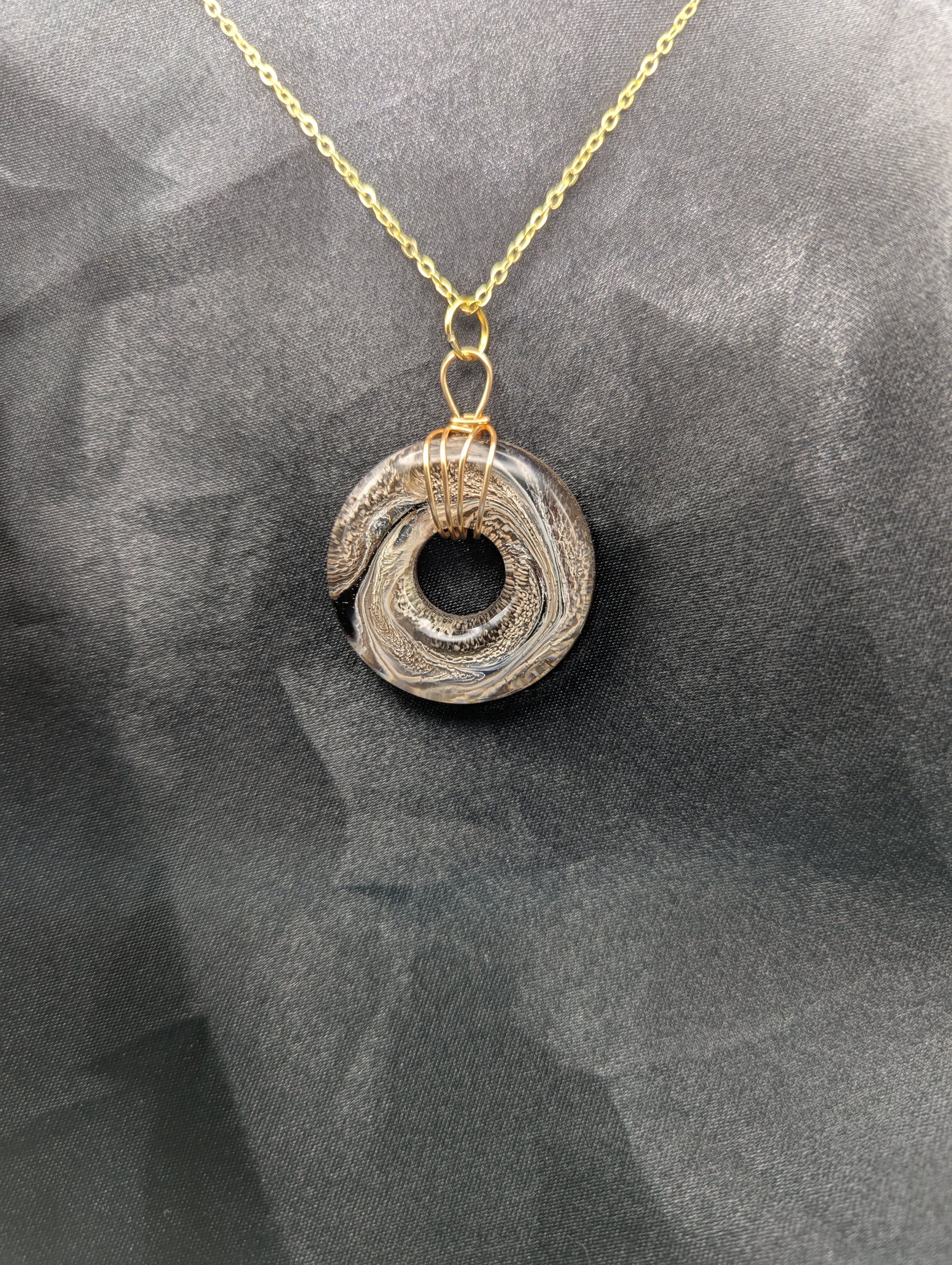 Wire Wrapped Donut Resin Pendant Necklace - Petri Effect with shades of brown swirls. Resin Necklace on a gold plated metal chain