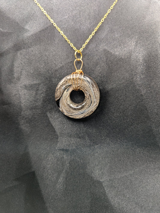 Wire Wrapped Donut Resin Pendant Necklace - Petri Effect with shades of brown swirls. Resin Necklace on a gold plated metal chain