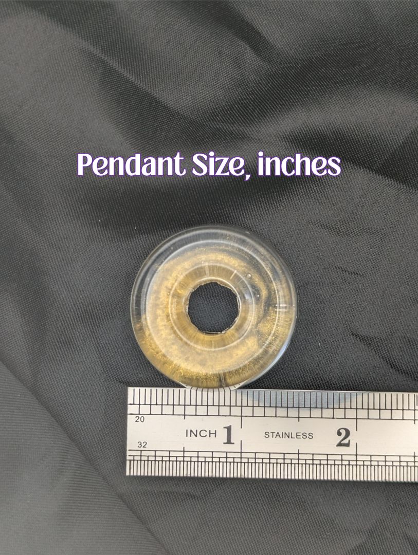 Size example pic of pendant size in inches, showing pendant is about 1.5 inches diameter.