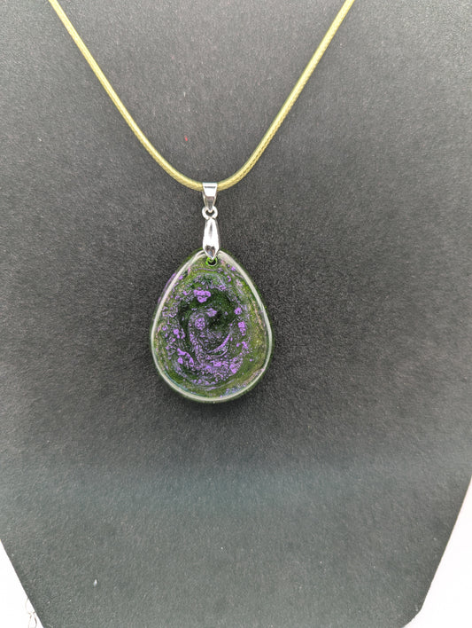 Teardrop Resin Pendant Necklace - Green & sparkly in color with pops of purple. Resin necklace on a waxed cotton cord.