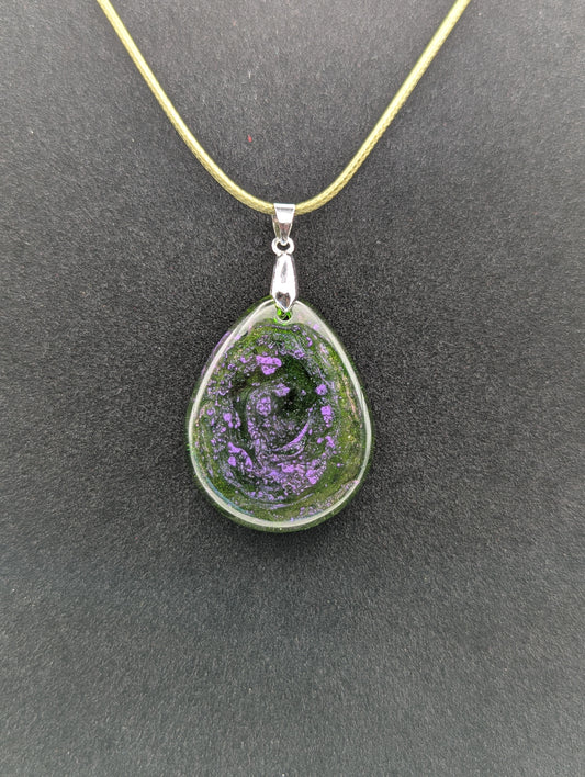 Teardrop Resin Pendant Necklace - Green & sparkly in color with pops of purple. Resin necklace on a waxed cotton cord.