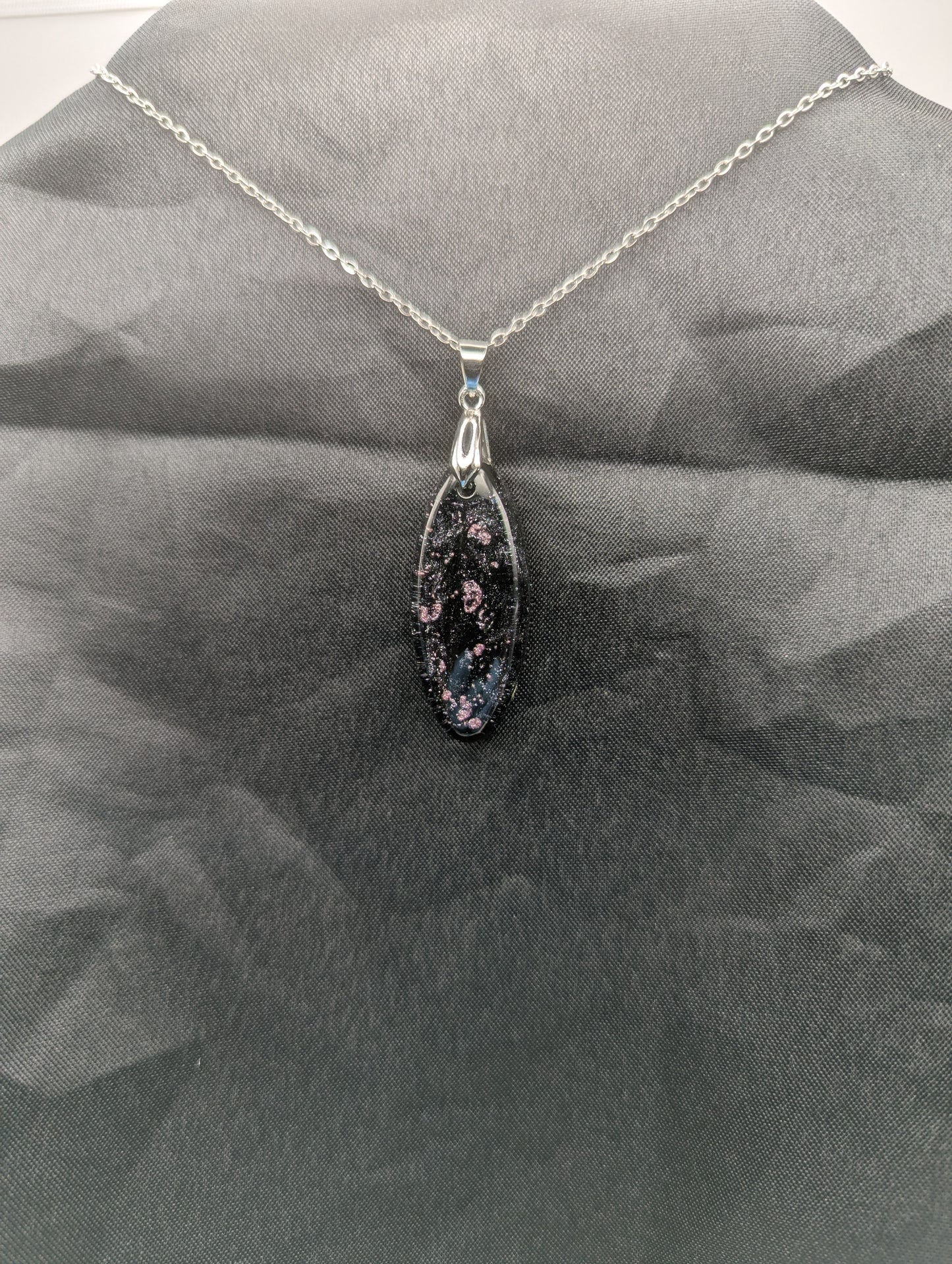 Black & Purple Swirl Ellipse Pendant on a silver pinch bail & stainless steel chain.