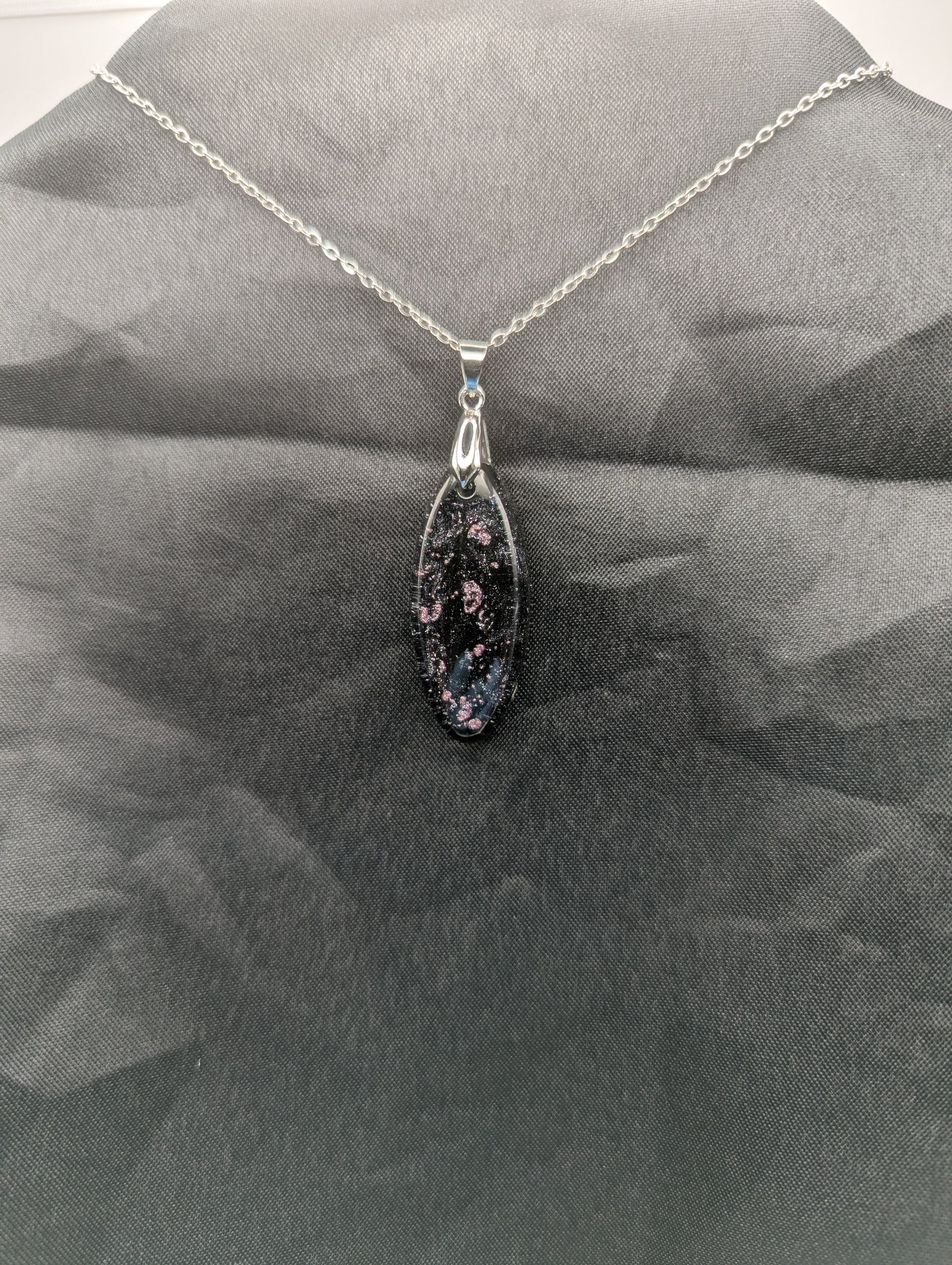 Black & Purple Swirl Ellipse Pendant on a silver pinch bail & stainless steel chain.