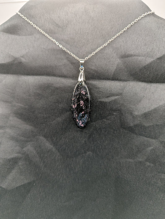 Black & Purple Swirl Ellipse Pendant on a silver pinch bail & stainless steel chain.