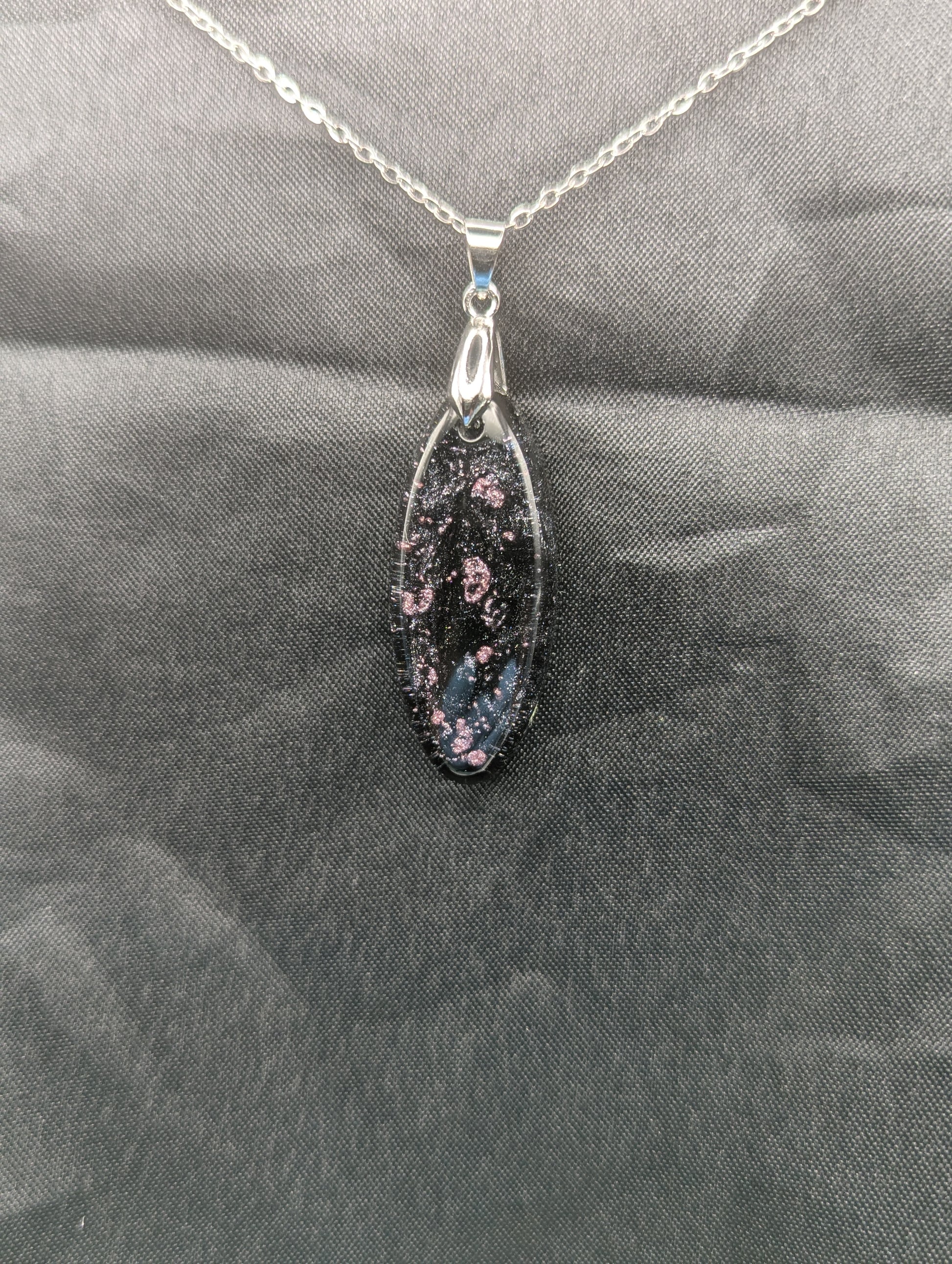 Black & Purple Swirl Ellipse Pendant on a silver pinch bail & stainless steel chain.