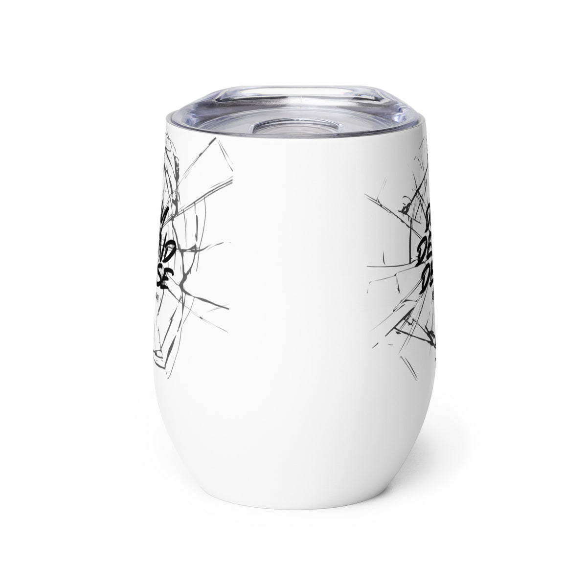 An insulated stemless wine glass with a lid for drinking wine in a tumbler. Cup is white in color with a graphic of shattered glass & the words "deny defend depose" on it. 