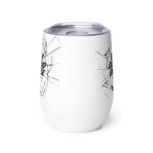 An insulated stemless wine glass with a lid for drinking wine in a tumbler. Cup is white in color with a graphic of shattered glass & the words "deny defend depose" on it. 