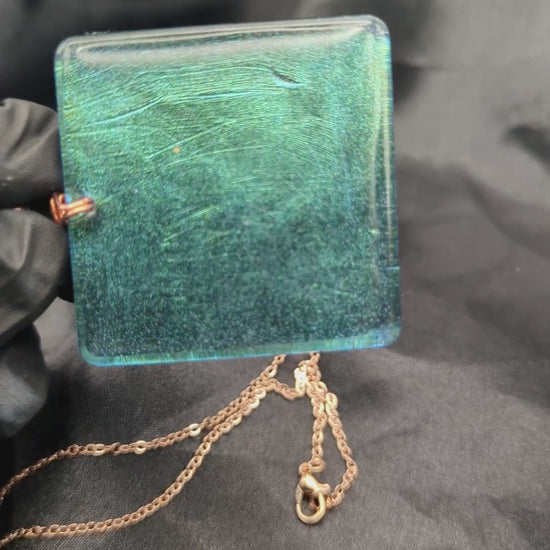 Square color shift resin pendant necklace on a rose gold stainless steel plated metal chain