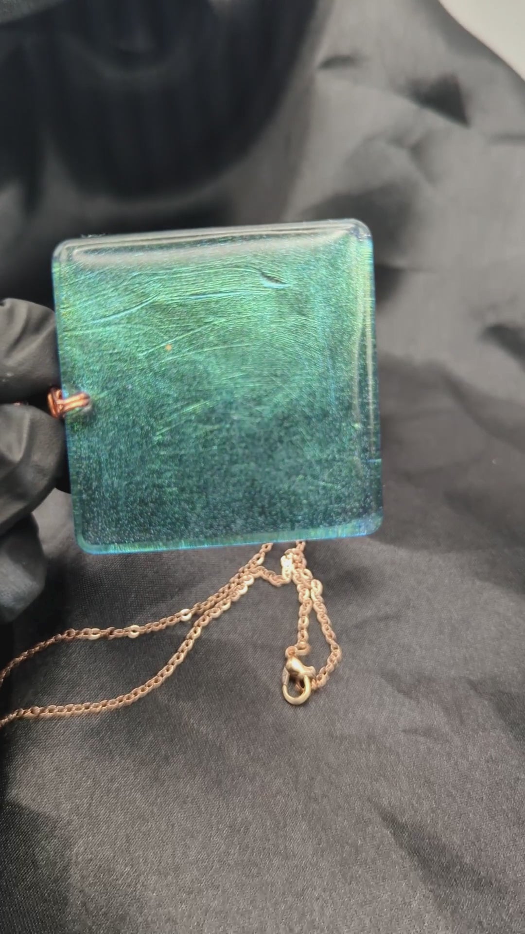 Square color shift resin pendant necklace on a rose gold stainless steel plated metal chain