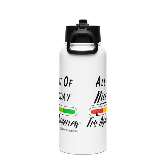 A white colored 32 ounce stainless steel insulated water bottle with a black colored cap that has a foldable straw & carrying handle. Graphic has a color coded bar graph on it with colors from red to green & an arrow pointing at the red with the words "all out of nice today, try again tomorrow"