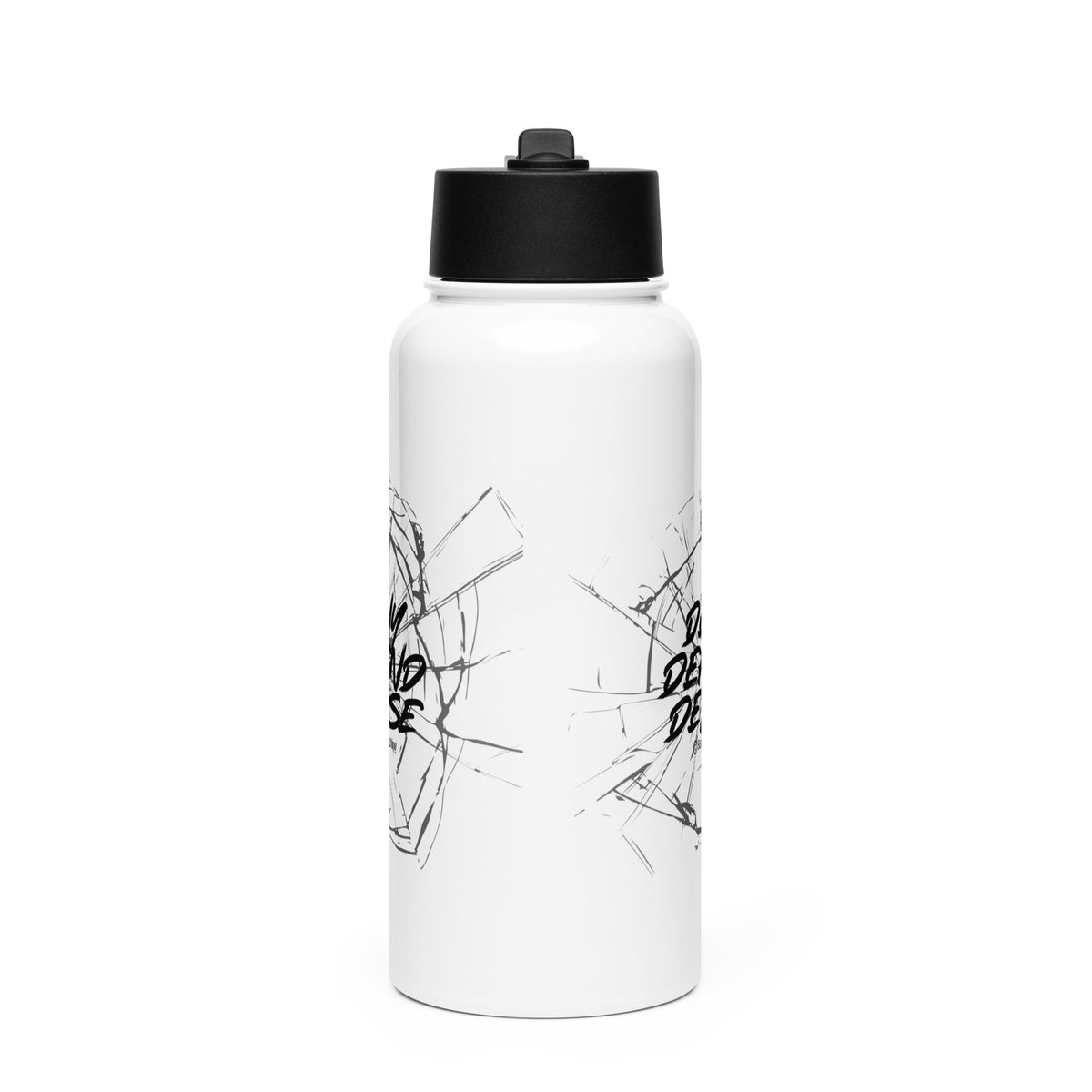 A white colored 32 ounce stainless steel insulated water bottle with a black colored cap that has a foldable straw & carrying handle. graphic printed on it features a shattered glass effect with the words "deny defend depose" on it