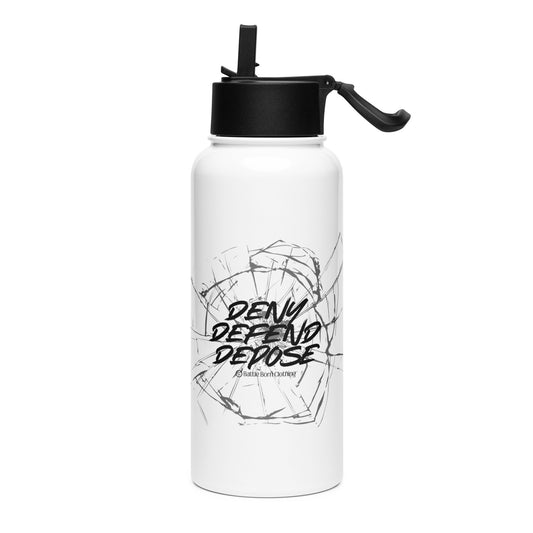 A white colored 32 ounce stainless steel insulated water bottle with a black colored cap that has a foldable straw & carrying handle. graphic printed on it features a shattered glass effect with the words "deny defend depose" on it